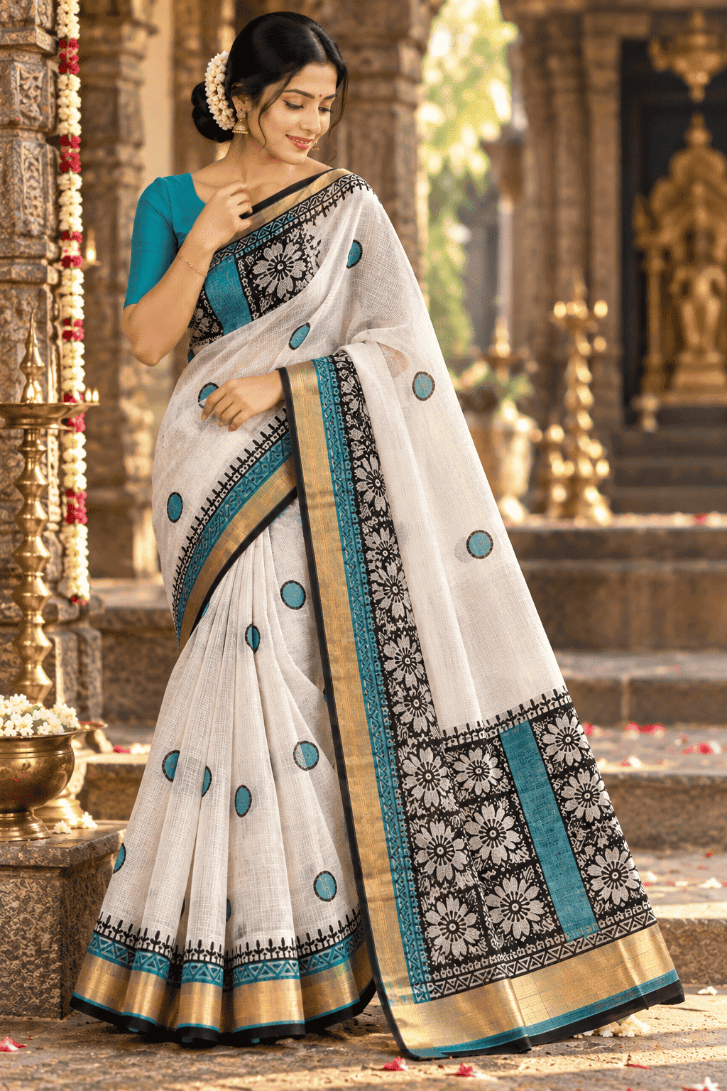 TEAL & IVORY DIGITAL PRINTED KOTA COTTON SAREE