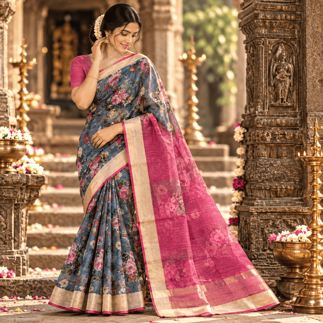 DUSTY BLUE & ROSE PINK DIGITAL-PRINT COTTON KOTA SAREE