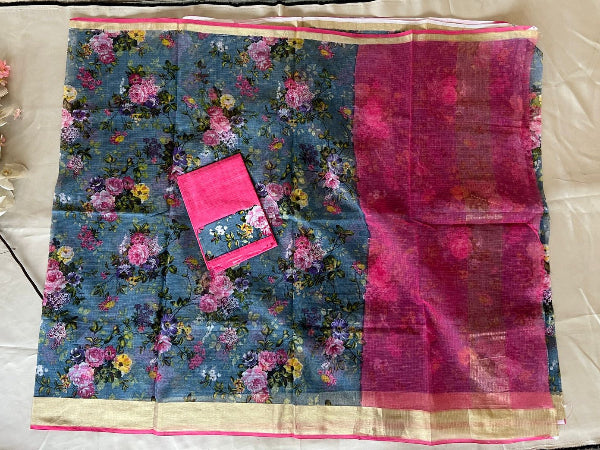 Dusty Blue & Rose Pink Digital-Print Cotton Kota Saree