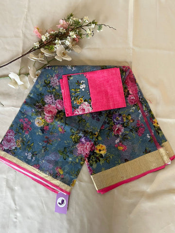 Dusty Blue & Rose Pink Digital-Print Cotton Kota Saree
