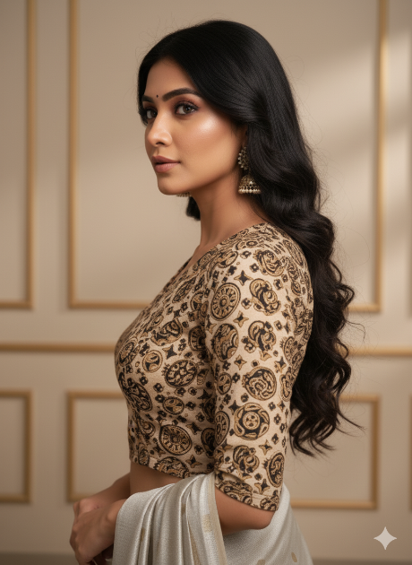 Beige V Neck Cotton Stretchable Kalamkari Blouse