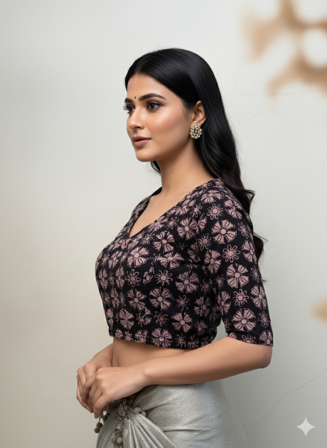 Black Beige V Neck Cotton Stretchable Kalamkari Blouse