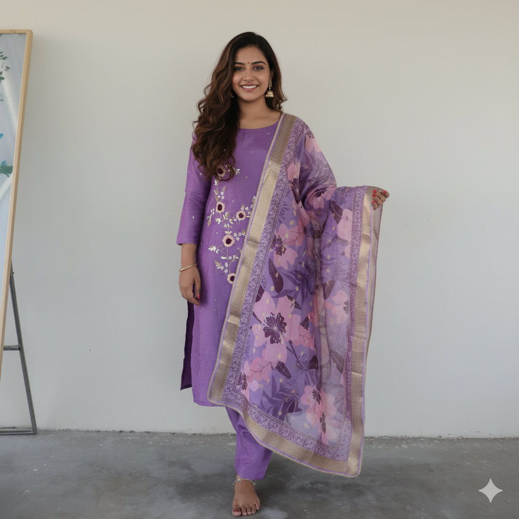 Lavender Embroidered Kurti Set