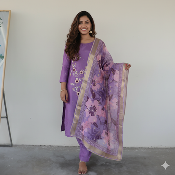 Lavender Embroidered Kurti Set