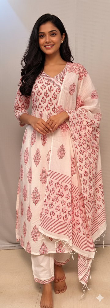 White & Red  Jaipur Cotton Printed Kurti Set