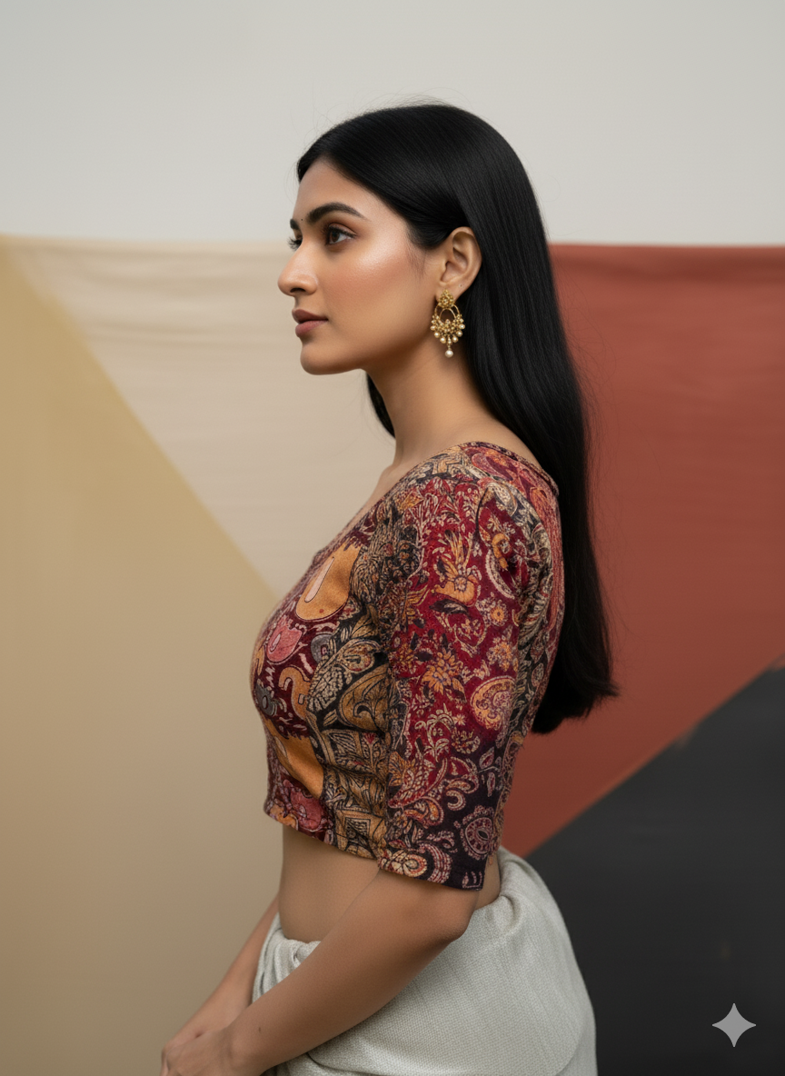 Multi Coloured Boat Neck Cotton Stretchable Kalamkari Blouse