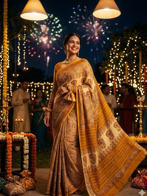 Mustard Yellow & Ivory Hand-Block Printed Khadi Silk Saree