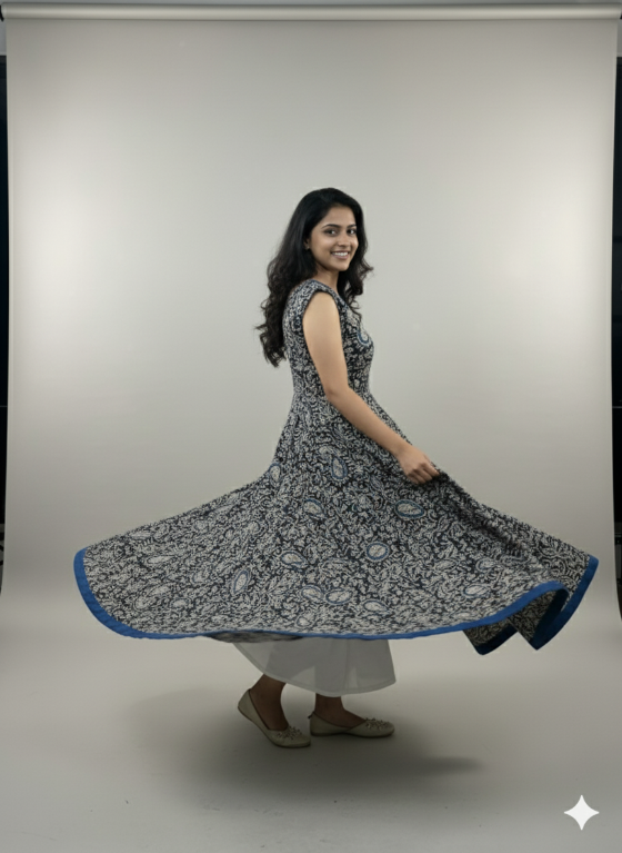 Navy Blue V Neck Kalamkari Umbrella Kurti