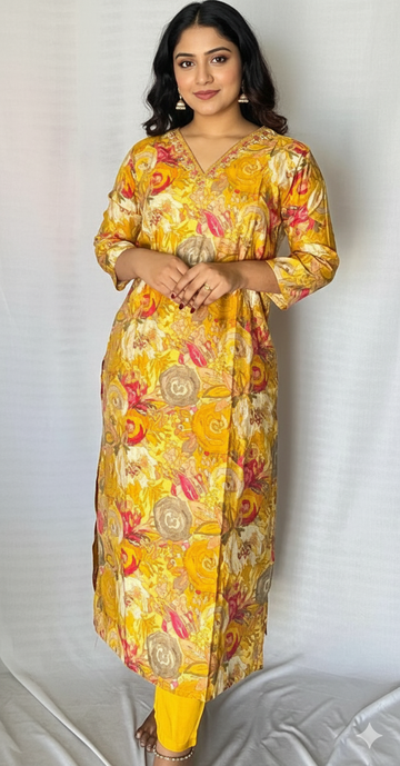 Yellow Digital Printed V Neck Floral Kurti