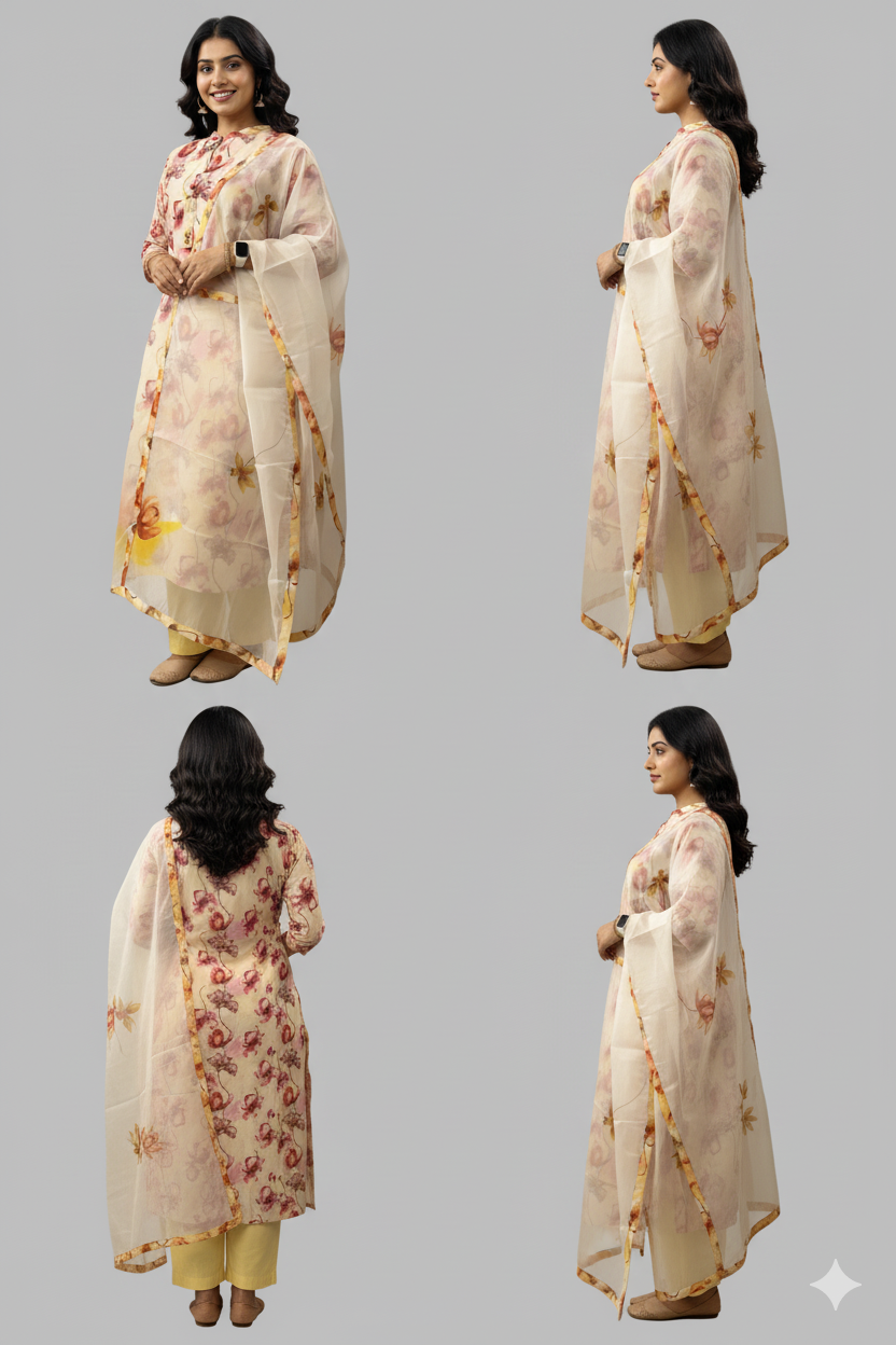 Multicolour Kurti With Organza Dupatta