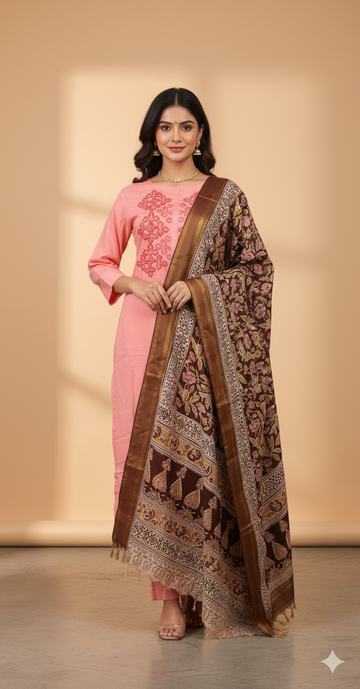 Peach Pink Kurti With Kalamkari Dupatta