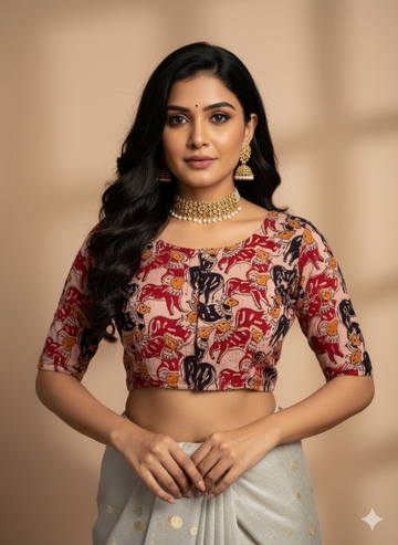 Beige Round Neck Cotton Stretchable Kalamkari Blouse