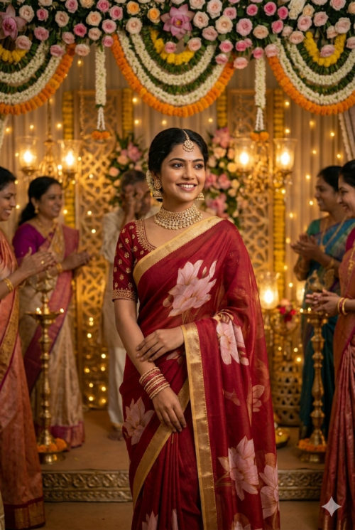 Red Mangalagiri Digital Print Pattu Saree with Classic Gold Border