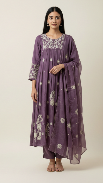 Violet  Pure Chinon with Pearl Floral Three Piece Kurti Set