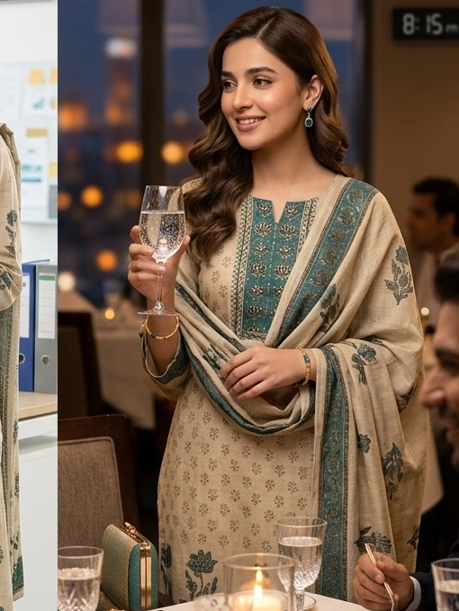 Cream Tusser Three-Piece Kurti Set