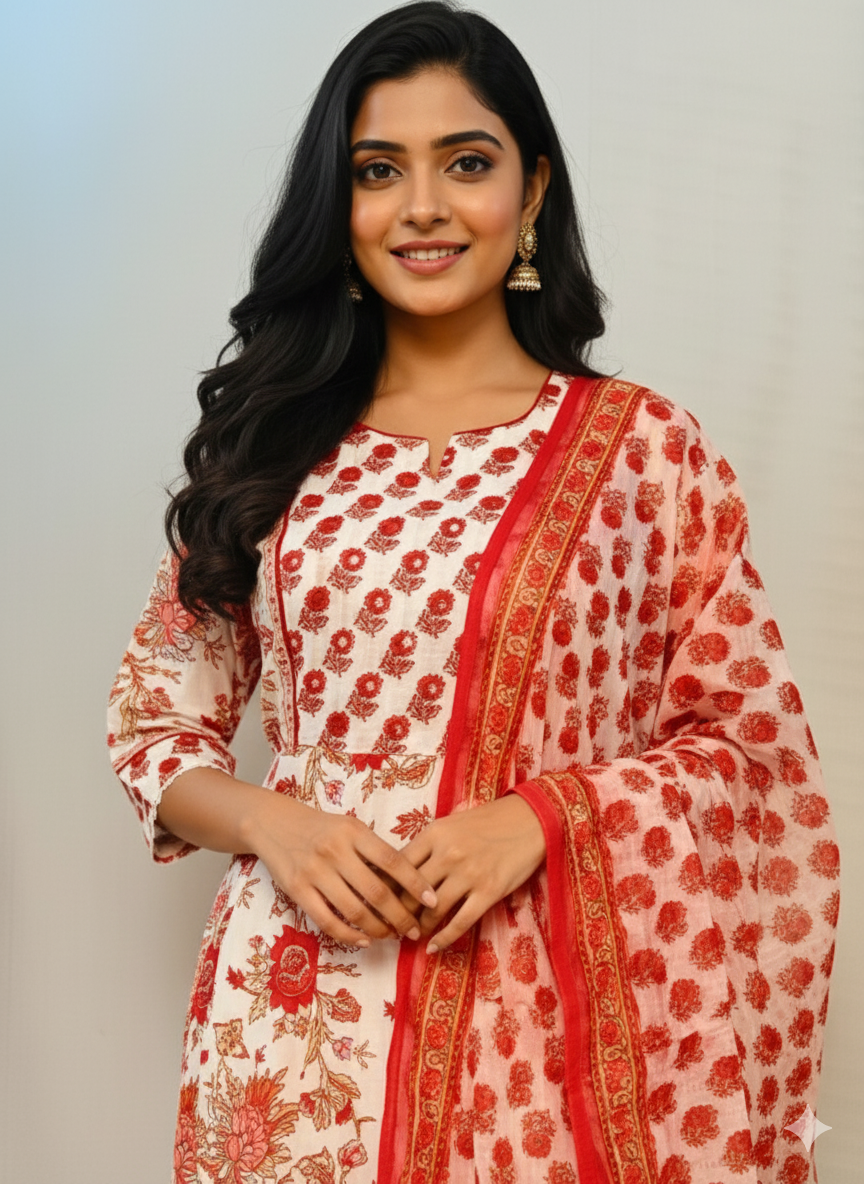 White & Pink Printed Jaipur Cotton Kurti Set
