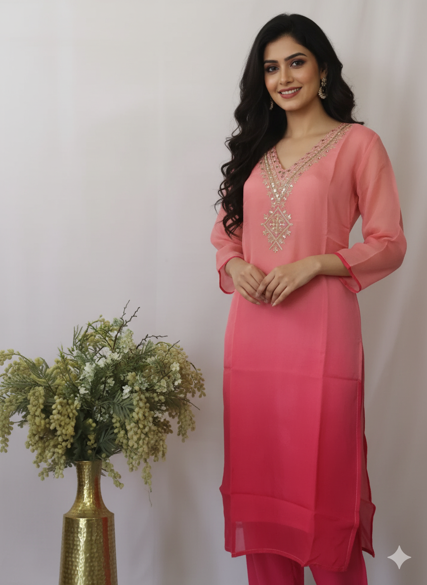 Pink Organza Embroidery V neck 3pc Suit