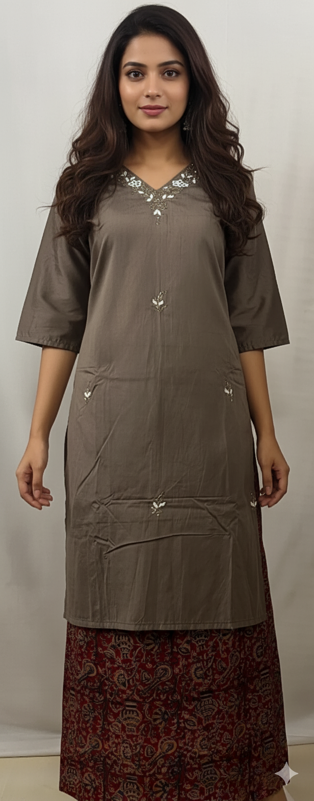 Coffee Brown Embroidered Kurti