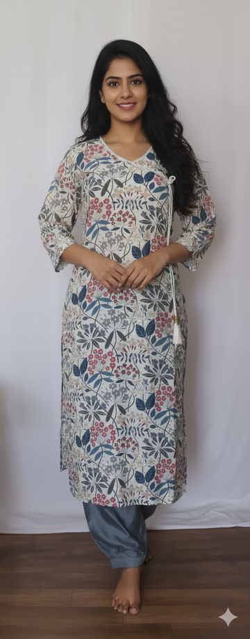 White & Grey Digital Printed Kurti Set