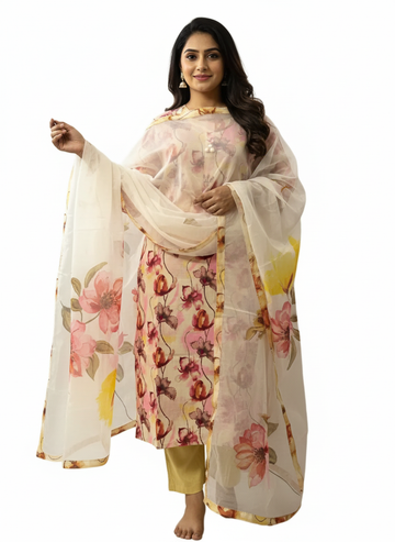 Multicolour Kurti With Organza Dupatta