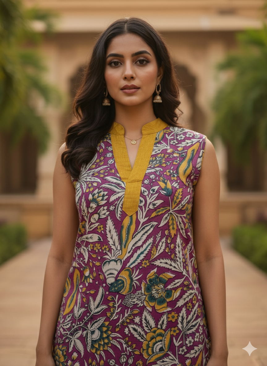 Musturd Yellow and Pink Floral  Kalamkari Short Kurti