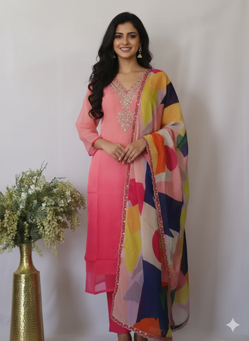 Pink Organza Embroidery V neck 3pc Suit