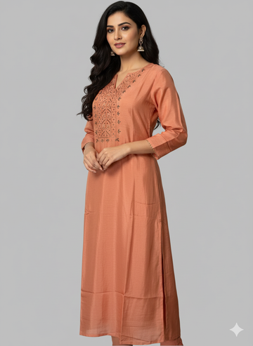 Peach Embroidered  Kurti