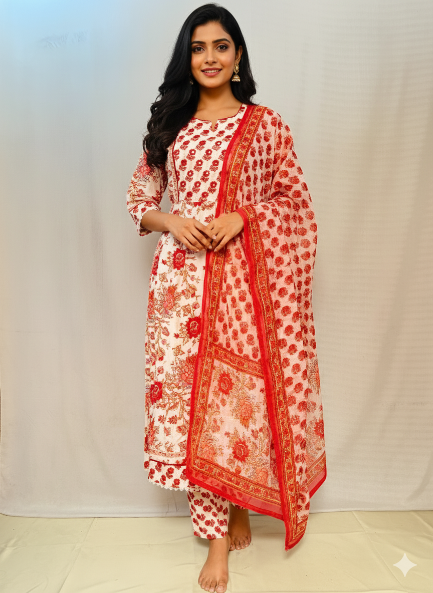 White & Pink Printed Jaipur Cotton Kurti Set