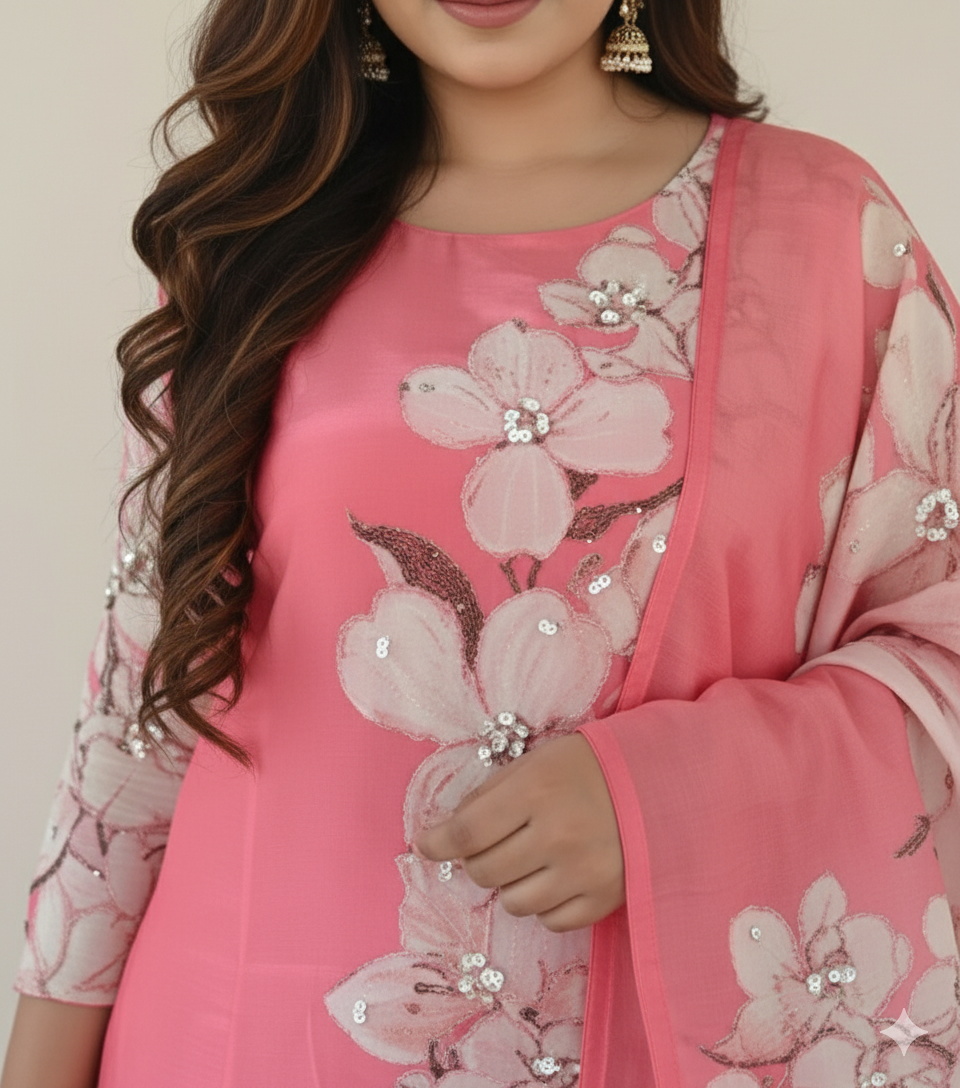 Peach Pink Embroidered  Kurti Set