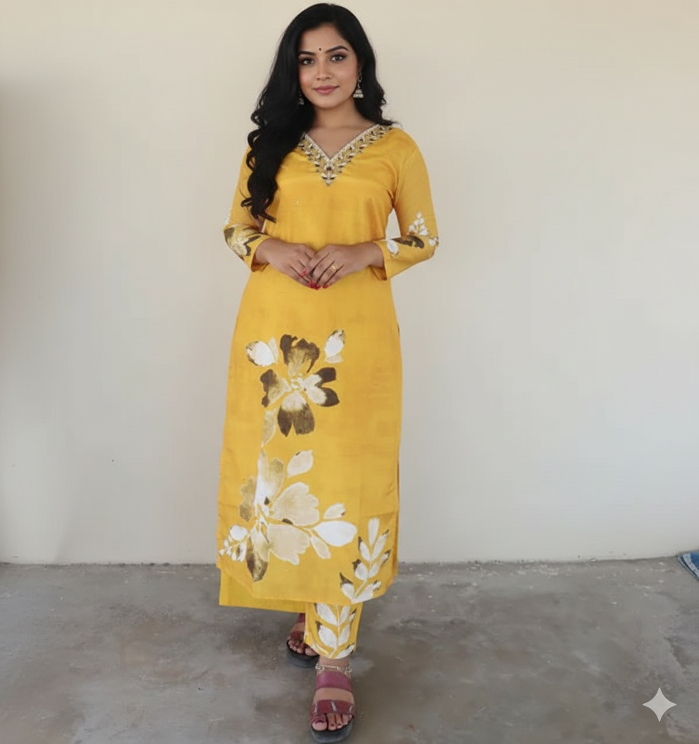 Turmeric Yellow Embroidered Kurti Set