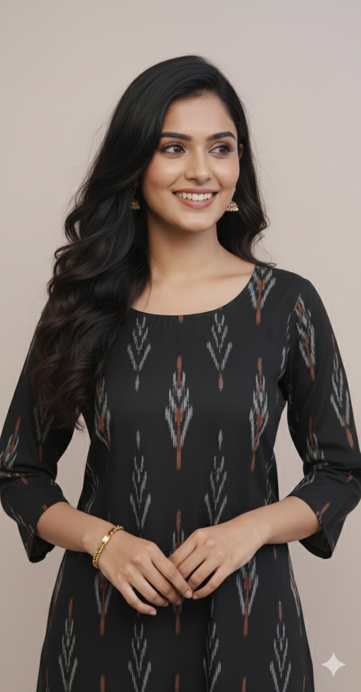 Black Ikkat Cotton Kurt