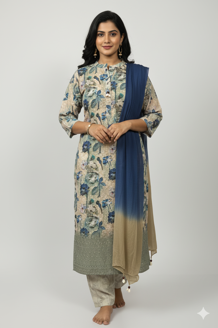 Blue Chickenkari Kurti Set