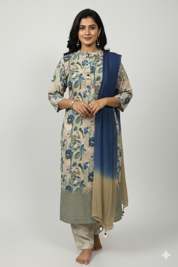 Blue Chickenkari Kurti Set