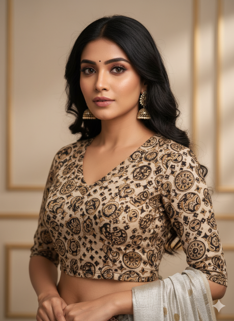 Beige V Neck Cotton Stretchable Kalamkari Blouse