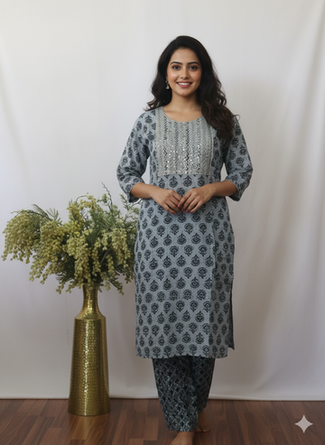 Ash Digital Printed Embroidered Kurti