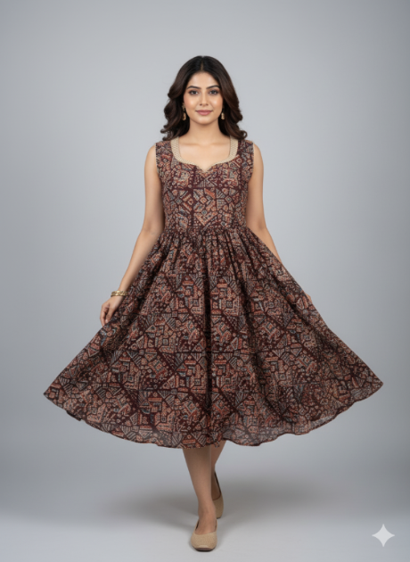 Maroon Sweet Heart Neck Kalamkari Umbrella Frock