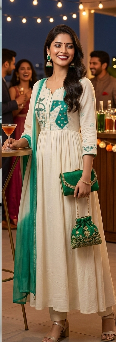 Half White & Green Pure Mul Cotton Three-Piece Kurti Set