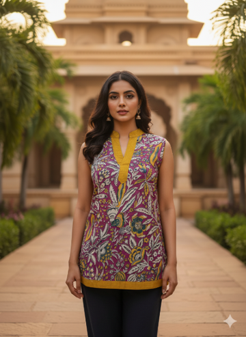 Musturd Yellow and Pink Floral  Kalamkari Short Kurti