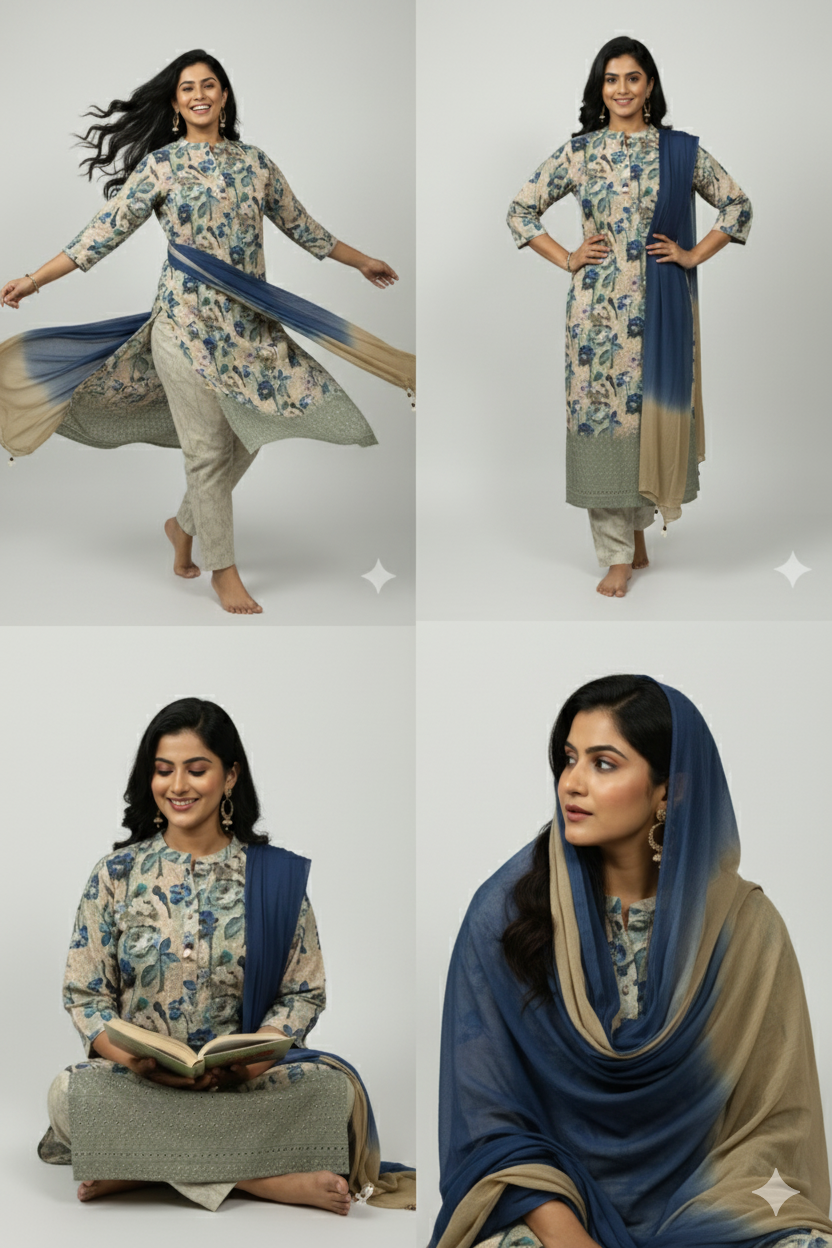 Blue Chickenkari Kurti Set