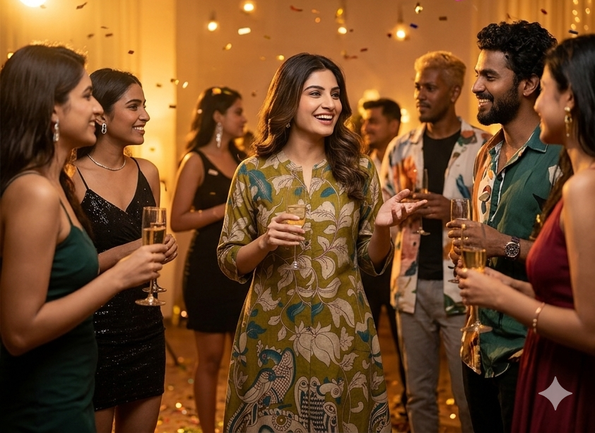 Mustard Yellow Peacock Print Kalamkari A-Line Kurti