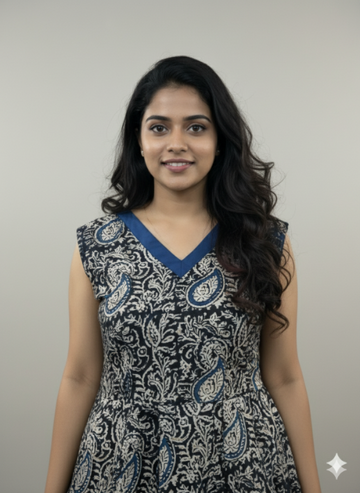 Navy Blue V Neck Kalamkari Umbrella Kurti