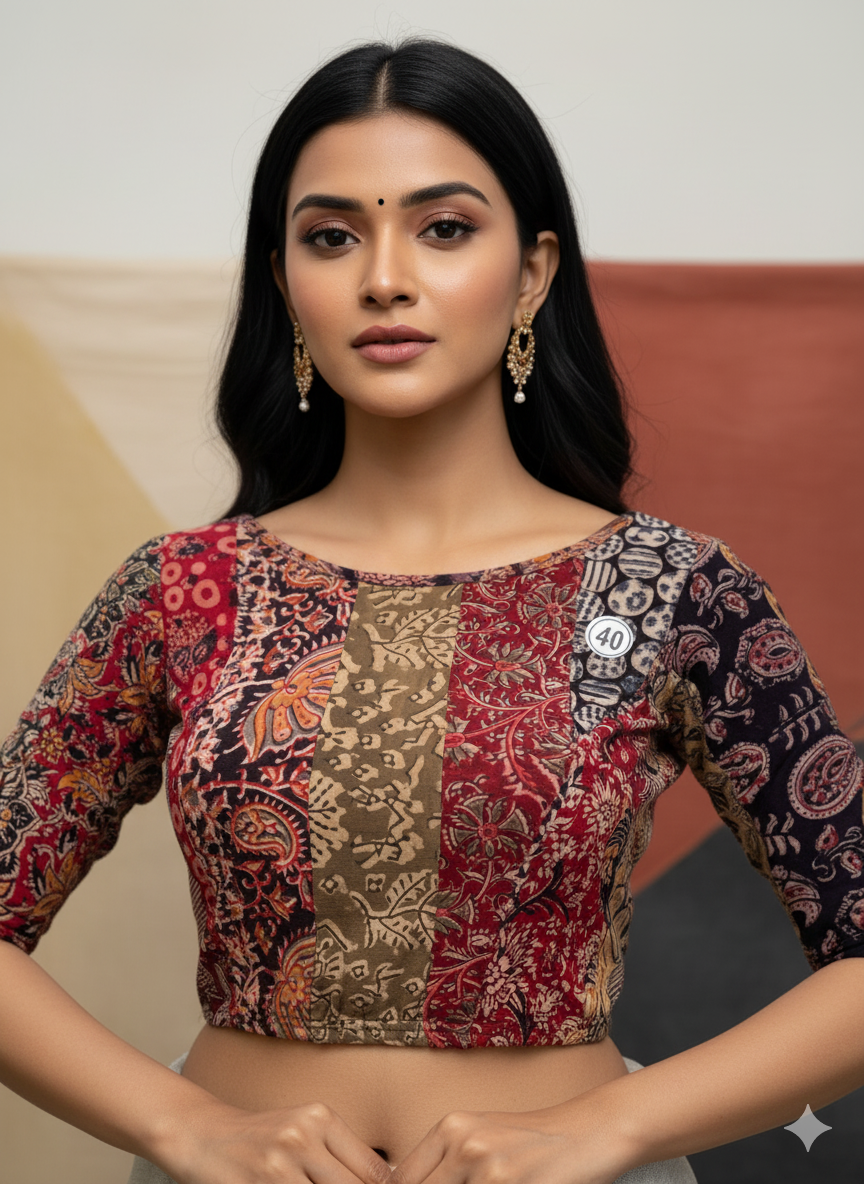 Multi Coloured Boat Neck Cotton Stretchable Kalamkari Blouse