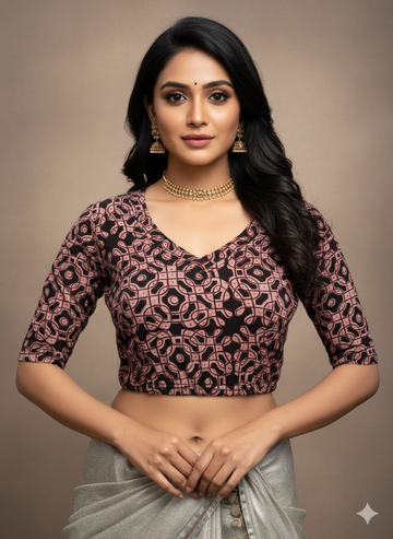 Brown Black V Neck Cotton Stretchable Blouse