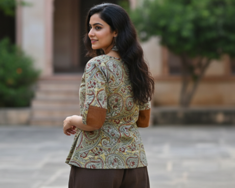 Musturd Yellow Mango Prints Kalamkari Short Top
