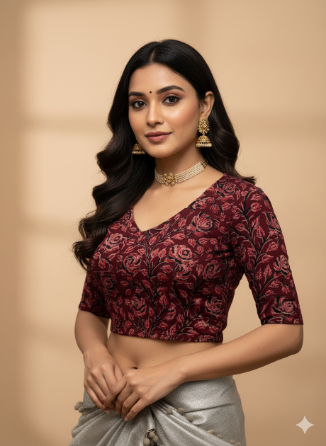 Maroon Red V Neck Cotton Stretchable Kalamkari Blouse