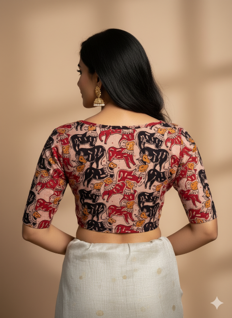 Beige Round Neck Cotton Stretchable Kalamkari Blouse