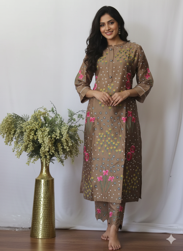 Coffee Thread Embroidered Kurti Set