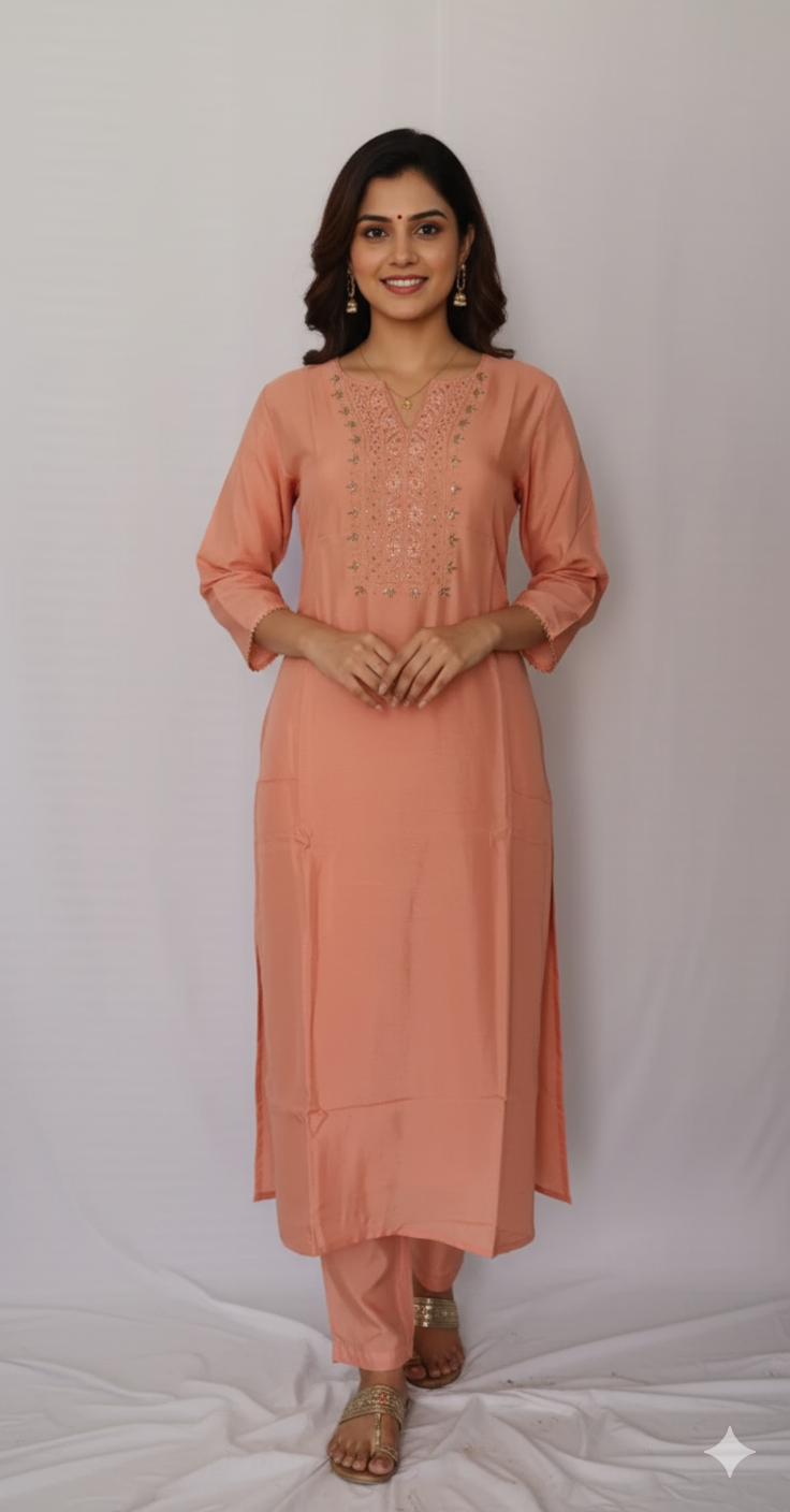 Peach Kurti With Kalamkari Dupatta