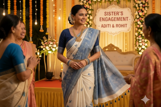 Blue And Cream Handloom Jamdani Saree
