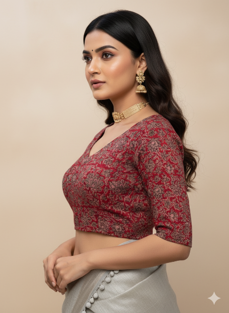 Red V Neck Cotton Stretchable Kalamkari Blouse